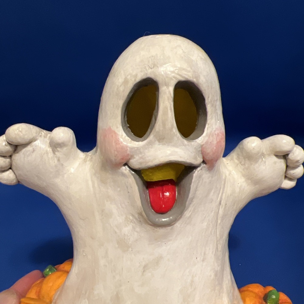 Vtg '89 Juta Chalkware Halloween Happy Ghost Pumpkins Candle Cover Figurine 7x8" - Picture 2 of 13